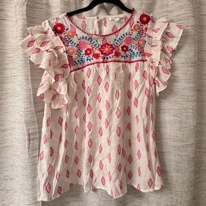 Blu Pepper Blouse with Ruffle Sleeves and Embroidery